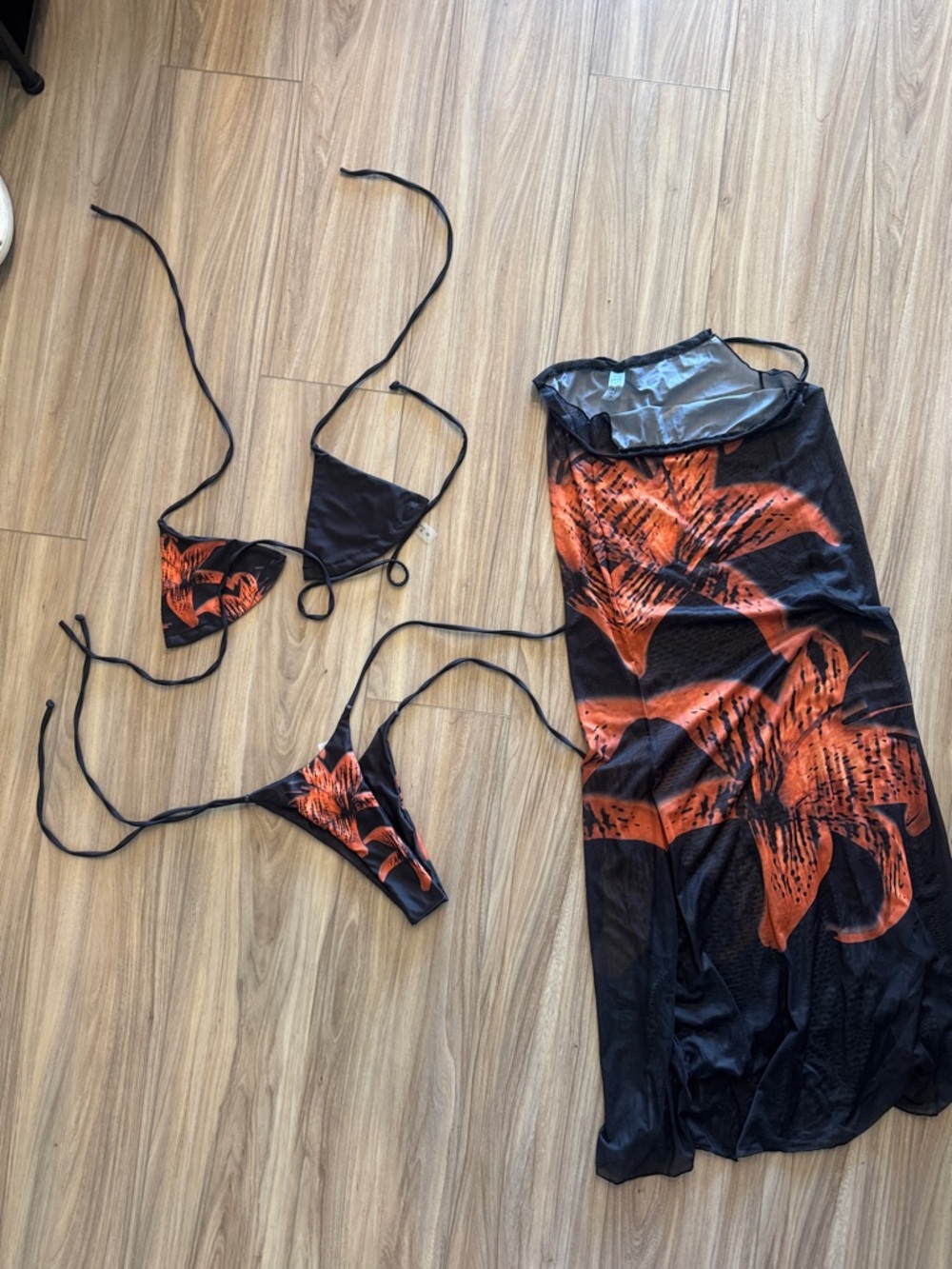 Black & Orange Floral Mesh Lingerie Set with Slip Dress